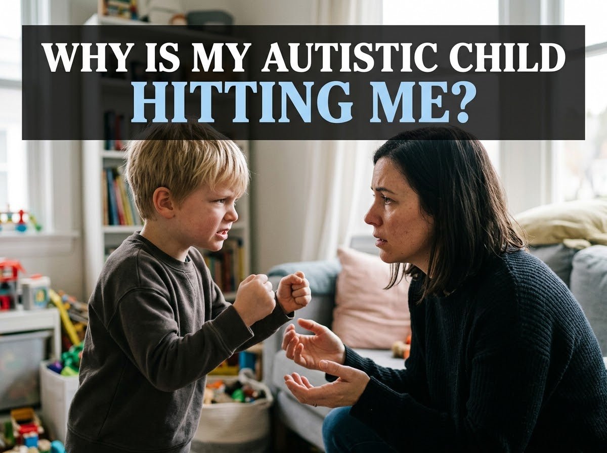 Autistic boy becoming overwhelmed and clenching his fists toward his concerned mother
