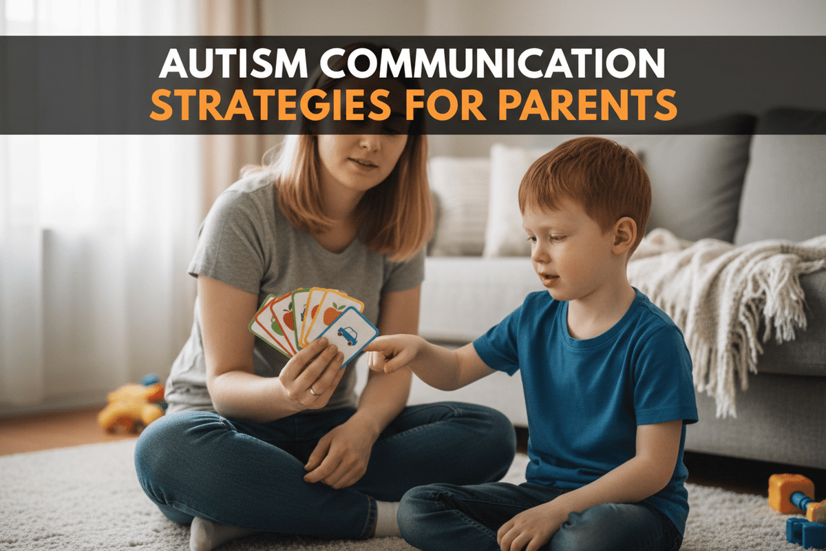 Mother using  communication cards with autistic child 