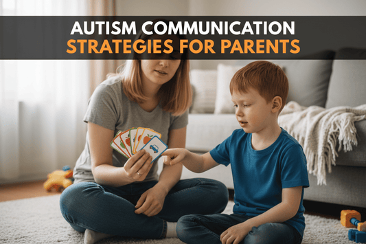 Mother using  communication cards with autistic child 