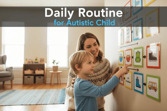 Autistic child following visual daily routine chart with parent 