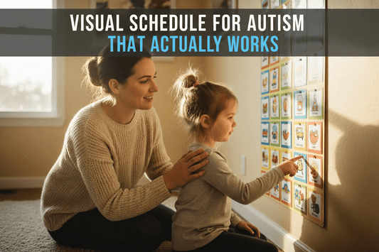 Young girl following autism visual schedule at home