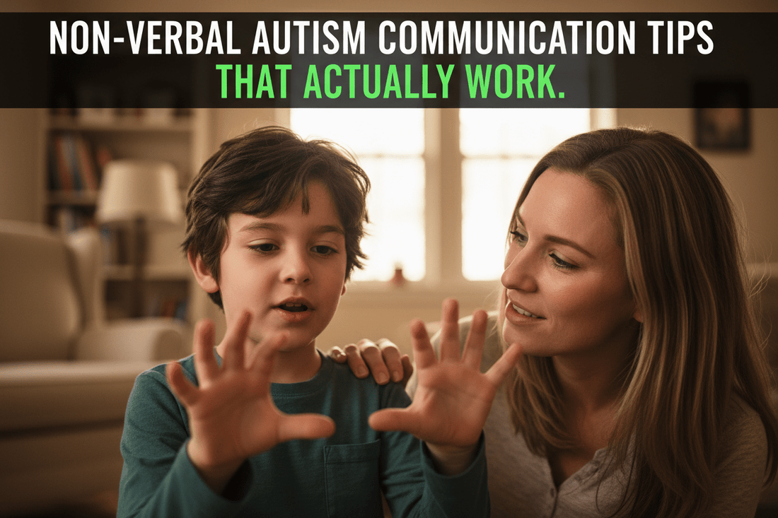 Non-verbal autistic boy trying to communicate while mother listens with patience