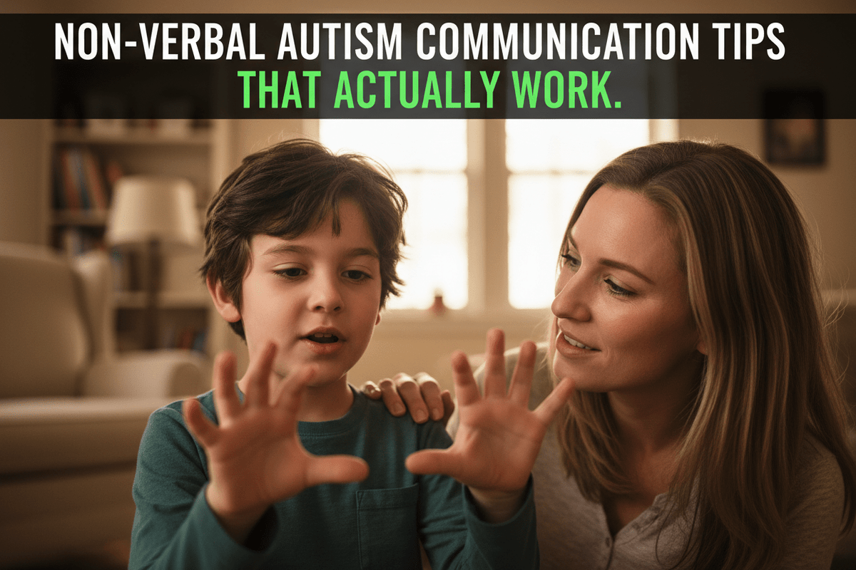 Non-verbal autistic boy trying to communicate while mother listens with patience