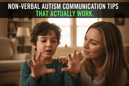 Non-verbal autistic boy trying to communicate while mother listens with patience