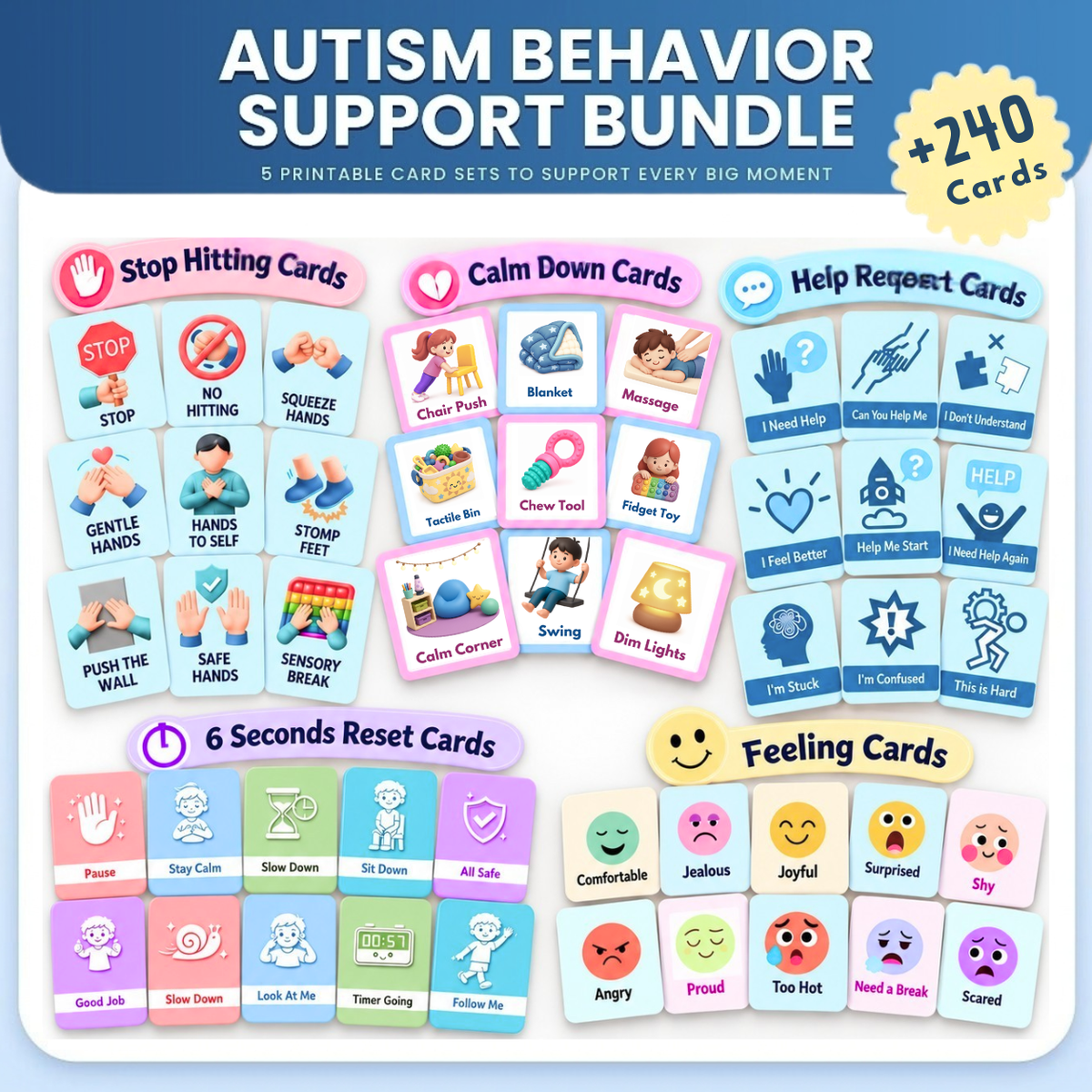 Autism & ADHD Behavior Support Bundle | Stop Meltdowns & Hitting | Calm Down, Feelings & Pain Expression Cards